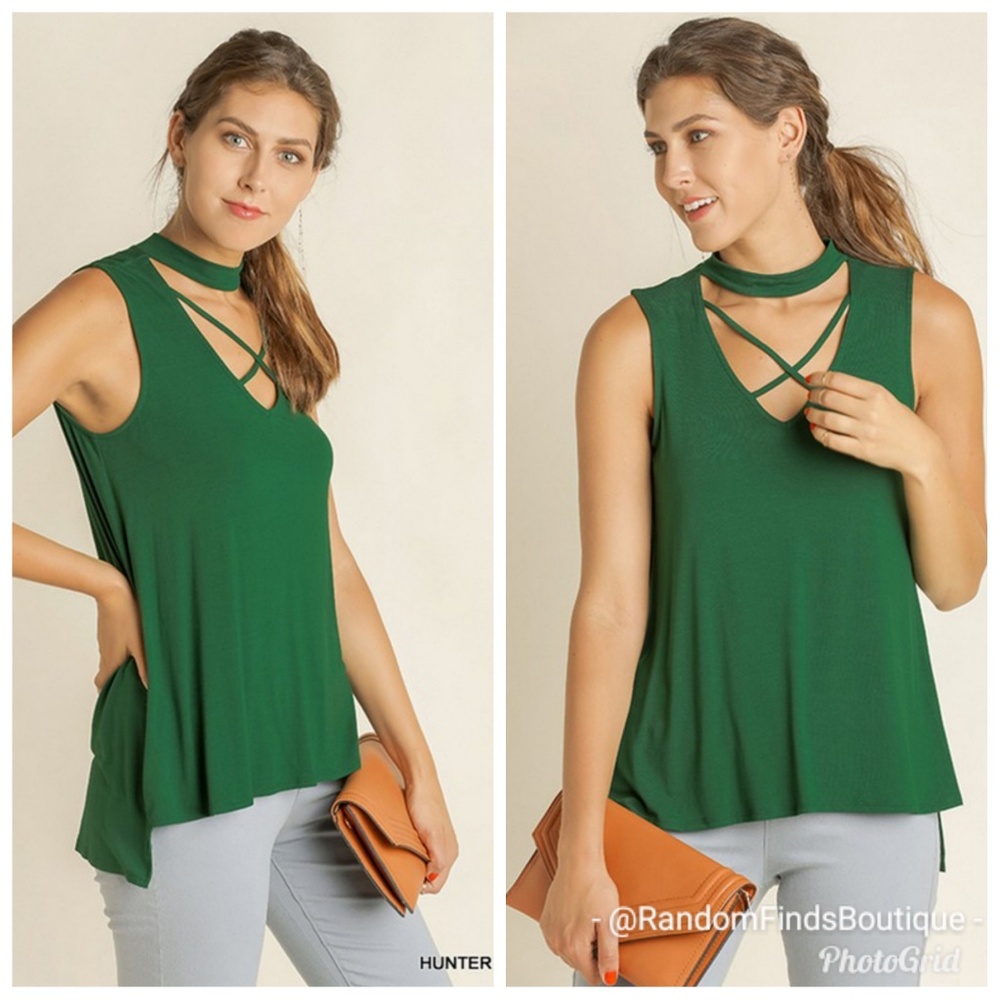 Hunter green choker crisscross top available in Small Medium and Large